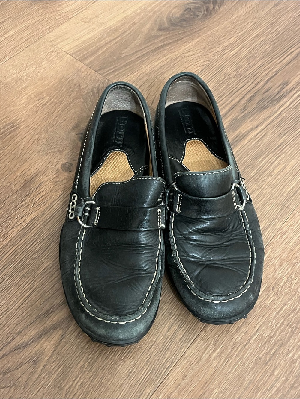 Y2K leather Born loafers Women's Black Contrast Stitching